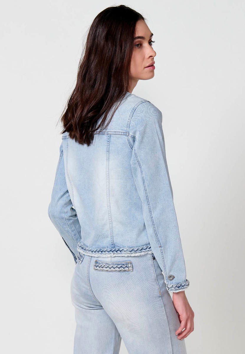 Cazadora denim con Cuello redondo y Cierre delantero con botones con Detalles de trenzas color Azul para Mujer 3