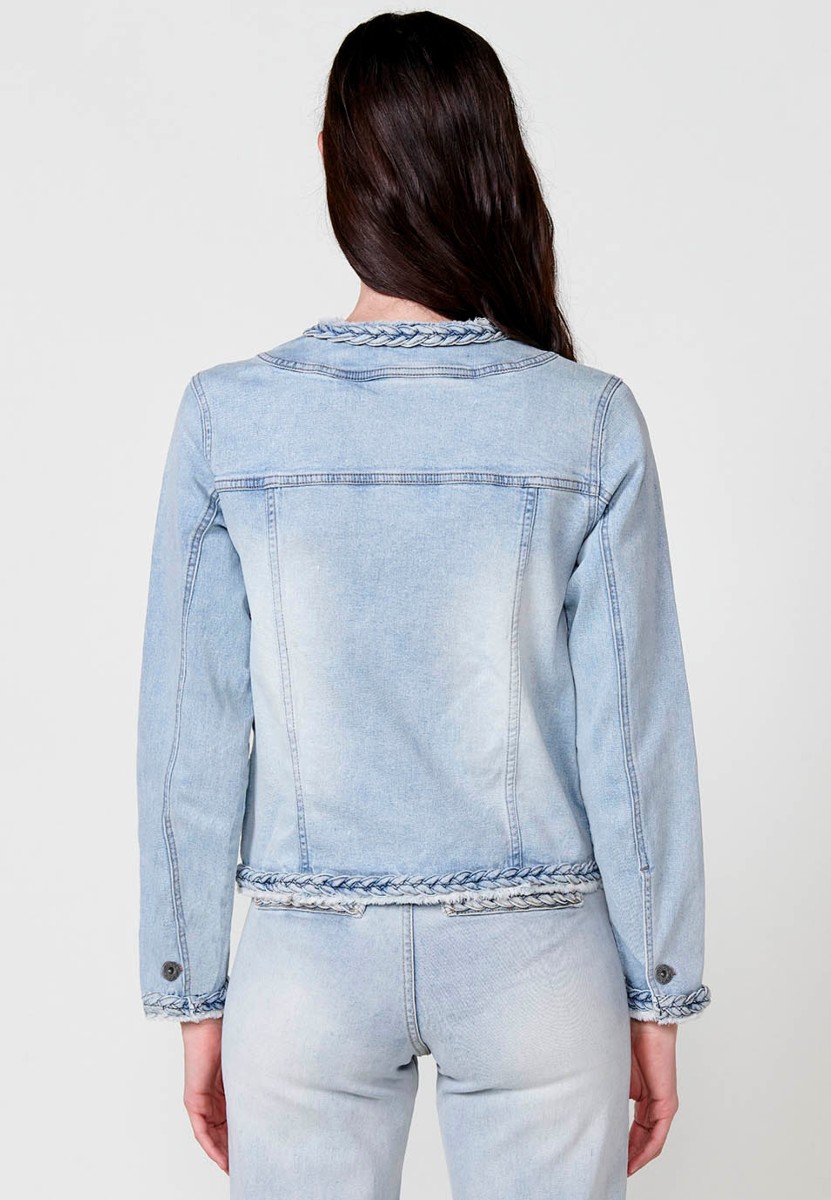 Cazadora denim con Cuello redondo y Cierre delantero con botones con Detalles de trenzas color Azul para Mujer 7