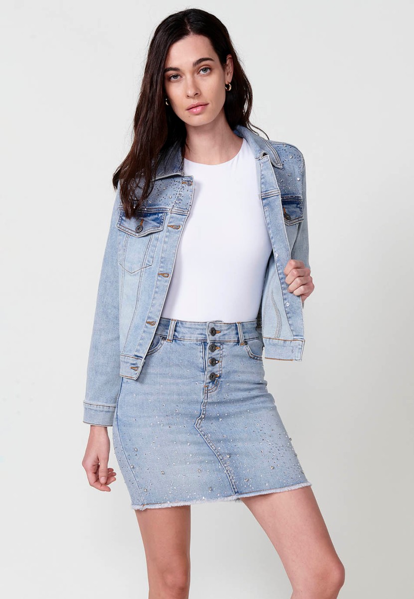 Cazadora denim con Cierre delantero con botones con Detalles en los hombros color Azul para Mujer 1