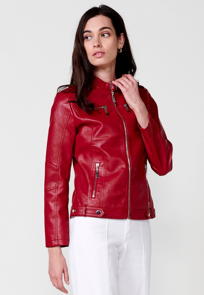 Chaqueta Cazadora de efecto piel de manga larga con Cuello redondo y Cierre delantero con cremallera de color Rojo para Mujer 7