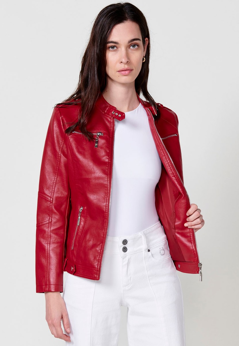 Chaqueta Cazadora de efecto piel de manga larga con Cuello redondo y Cierre delantero con cremallera de color Rojo para Mujer 4