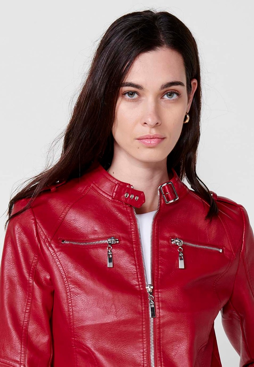 Chaqueta Cazadora de efecto piel de manga larga con Cuello redondo y Cierre delantero con cremallera de color Rojo para Mujer 3