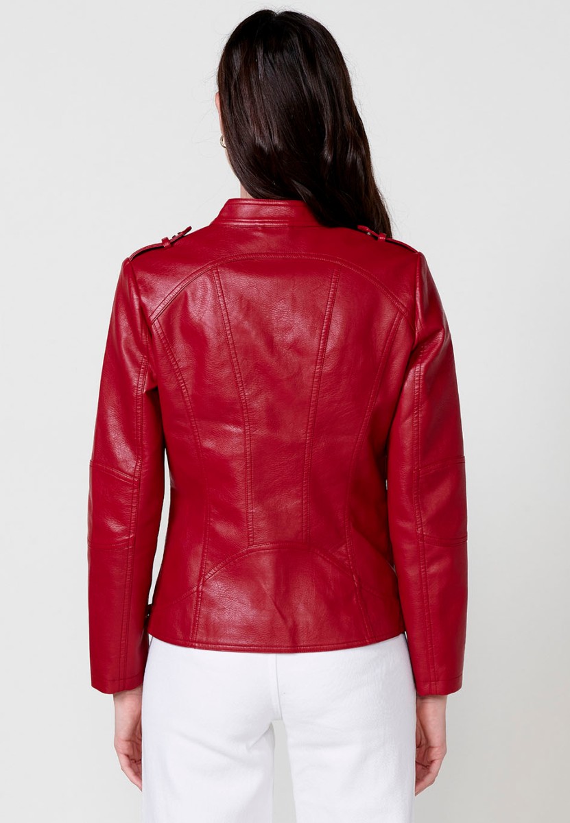 Chaqueta Cazadora de efecto piel de manga larga con Cuello redondo y Cierre delantero con cremallera de color Rojo para Mujer 6