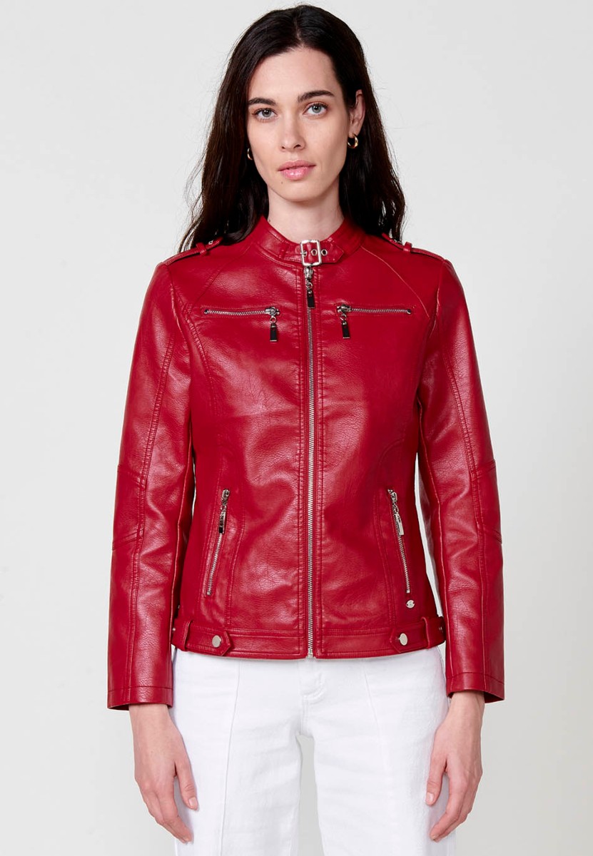 Chaqueta Cazadora de efecto piel de manga larga con Cuello redondo y Cierre delantero con cremallera de color Rojo para Mujer 1