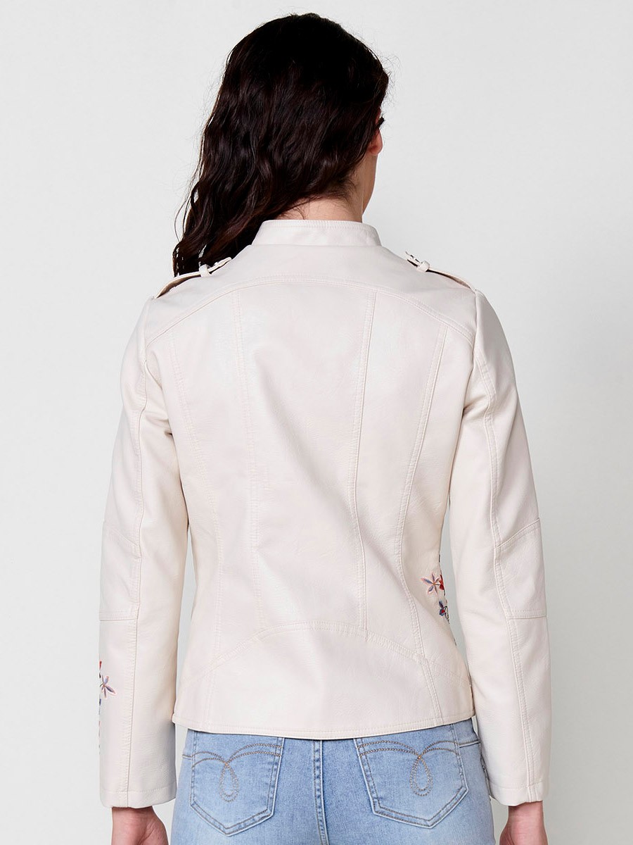 Women's slim fit leather biker jacket in off white