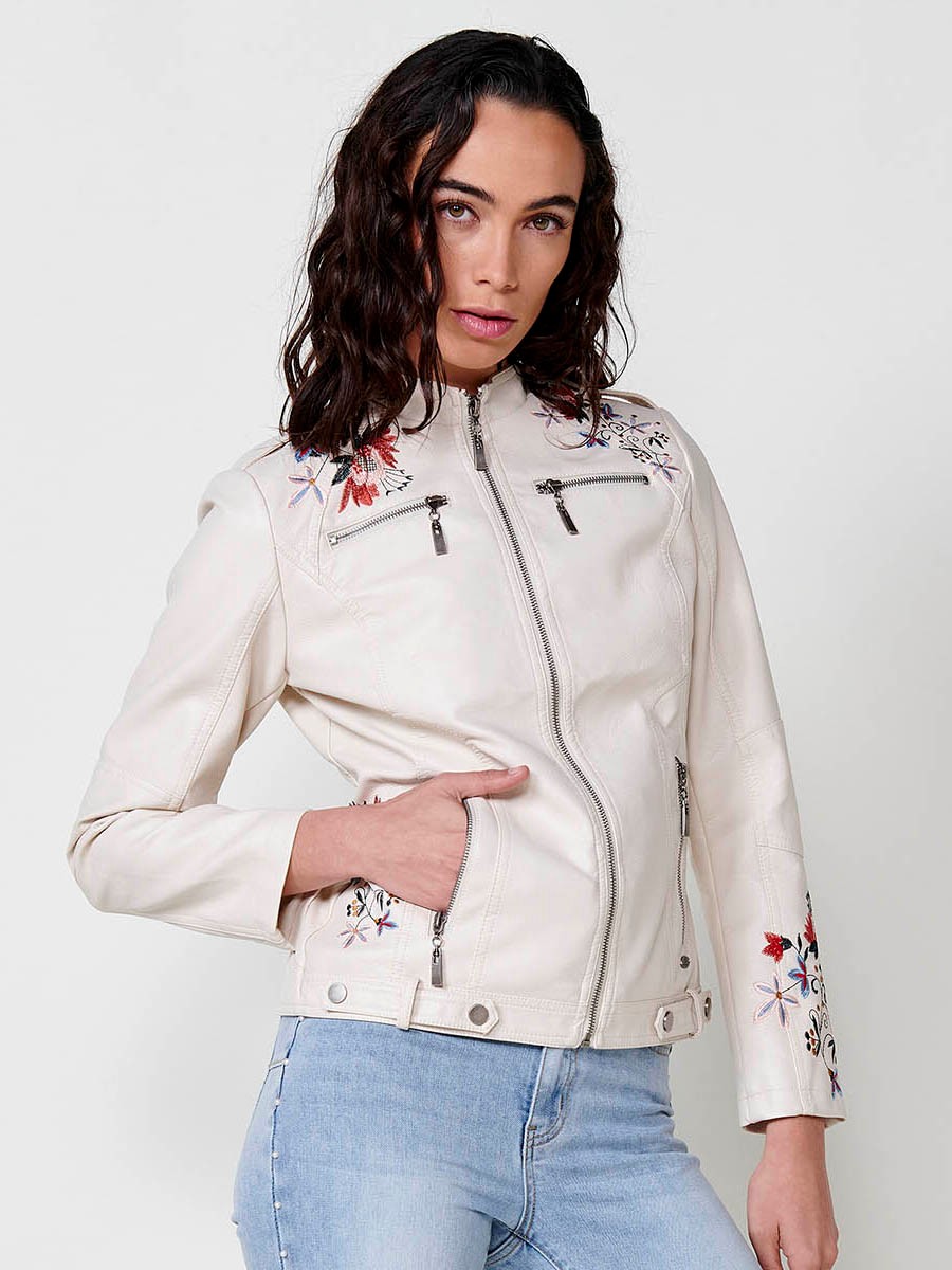 Women's embroidered leather-effect biker jacket in off-white