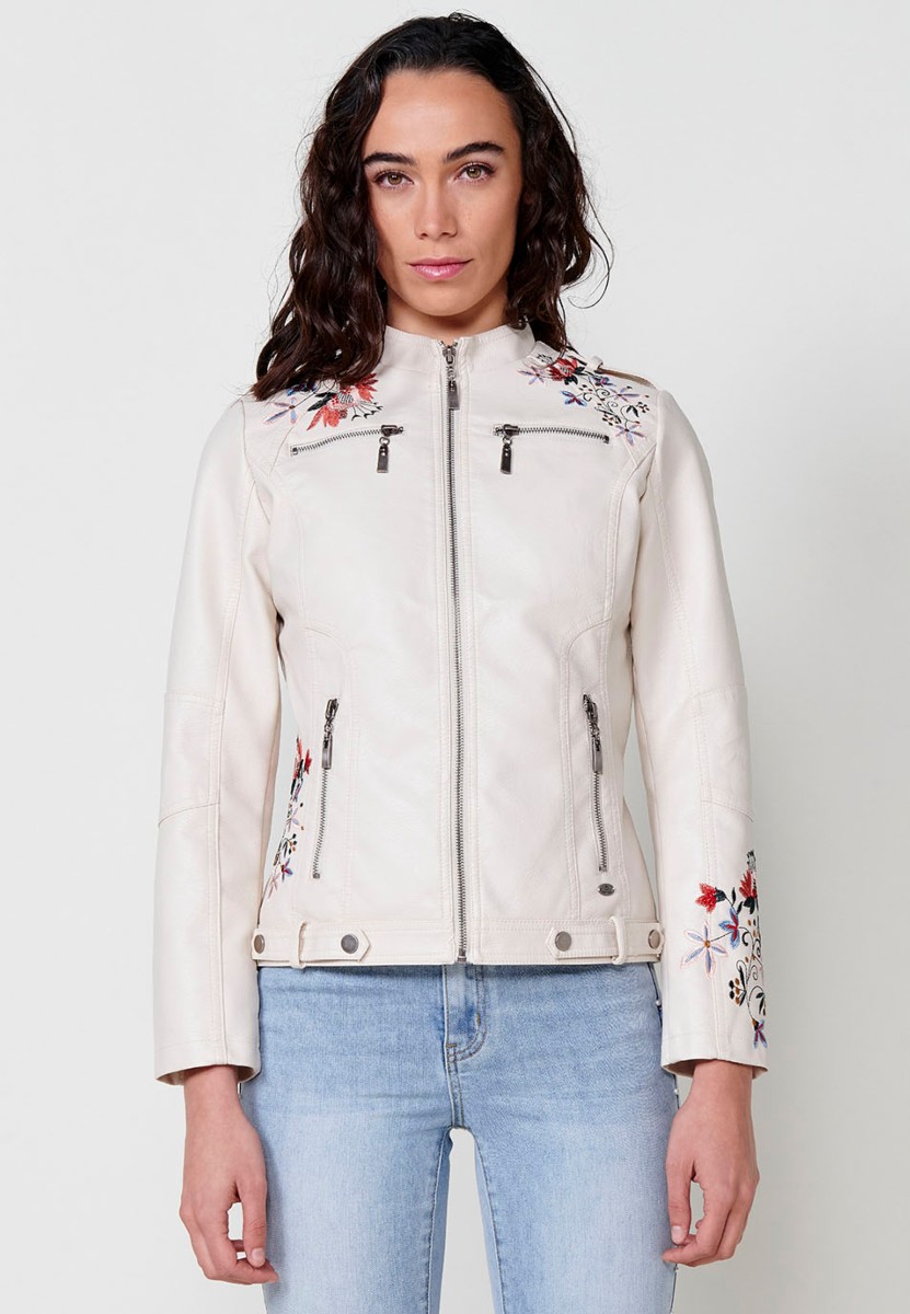 Women's embroidered leather-effect biker jacket in off-white