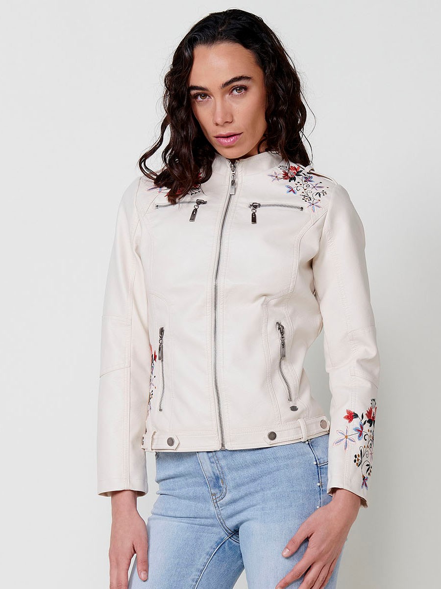 Women's embroidered leather-effect biker jacket in off-white