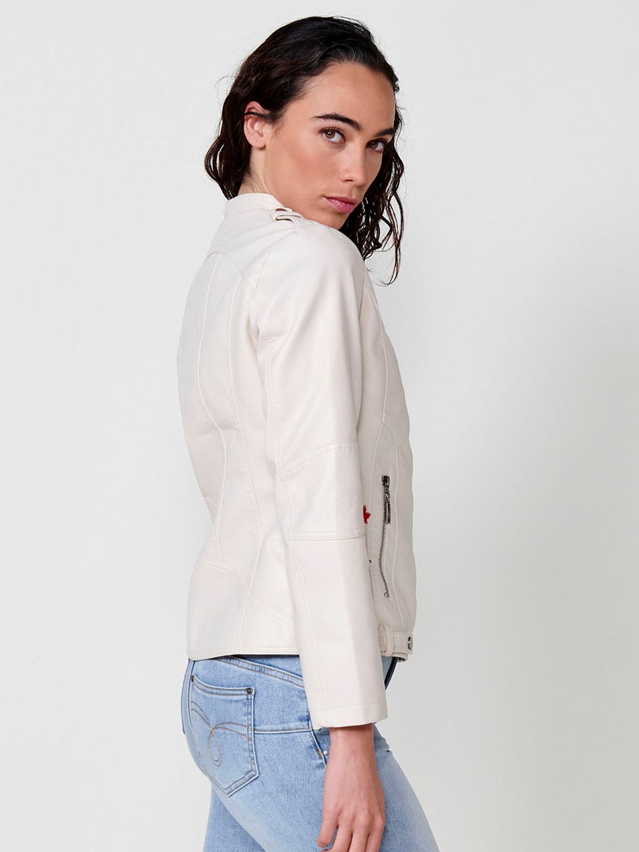 Women's embroidered leather-effect biker jacket in off-white