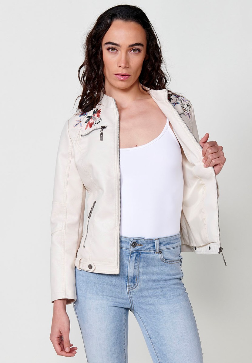 Women's embroidered leather-effect biker jacket in off-white