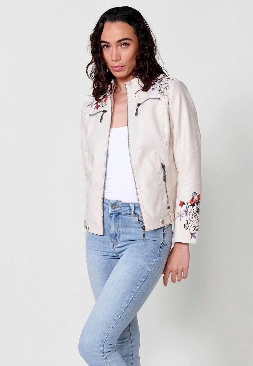 Women's embroidered leather-effect biker jacket in off-white