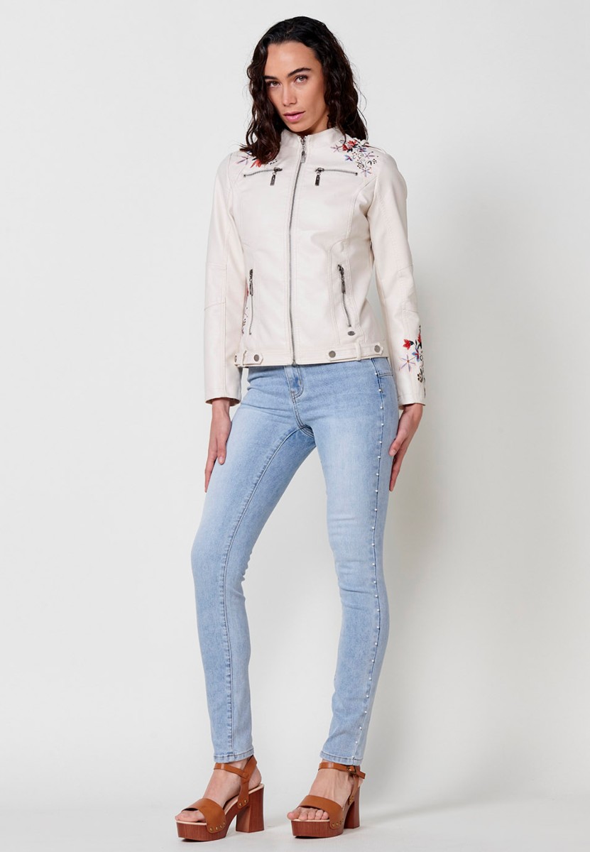 Women's embroidered leather-effect biker jacket in off-white