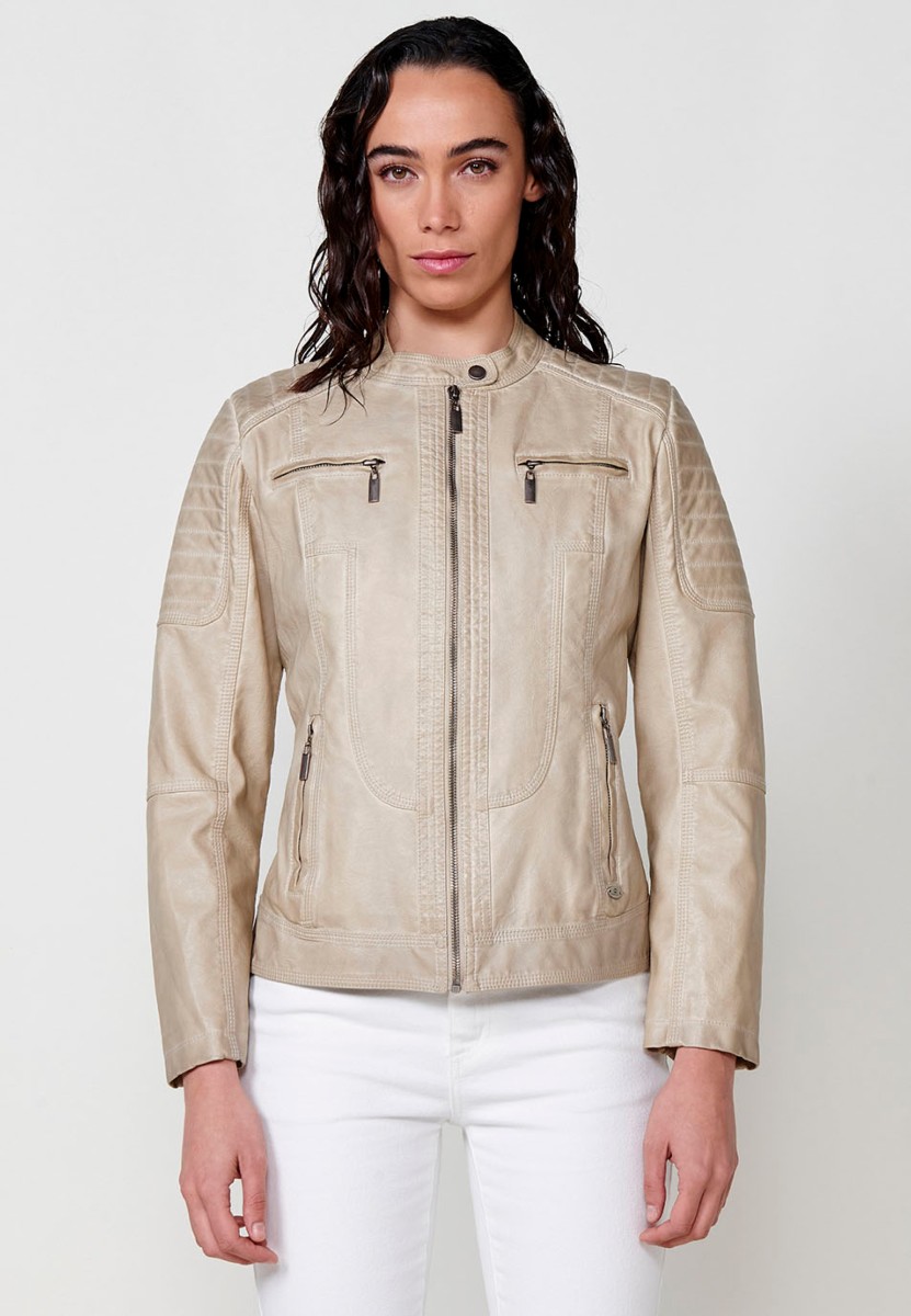 Faux Leather Jacket with Front Zip Closure and Round Neck in Beige for Women