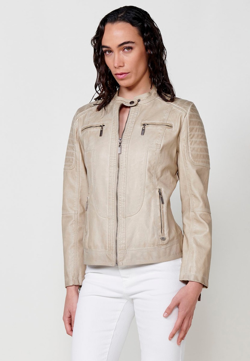 Faux Leather Jacket with Front Zip Closure and Round Neck in Beige for Women