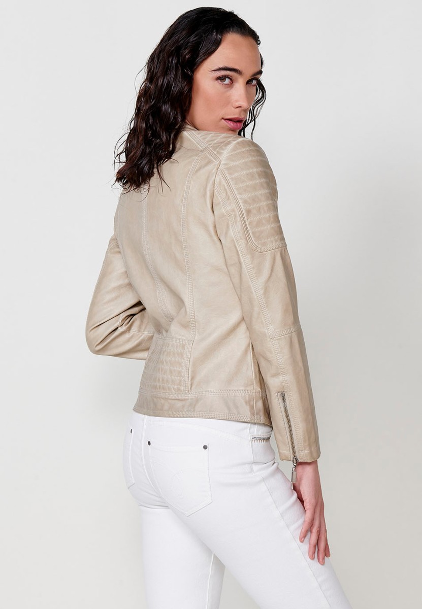 Faux Leather Jacket with Front Zip Closure and Round Neck in Beige for Women