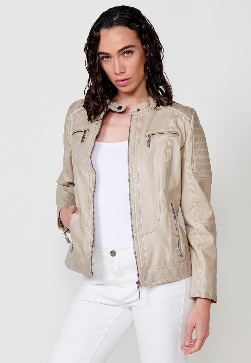 Faux Leather Jacket with Front Zip Closure and Round Neck in Beige for Women