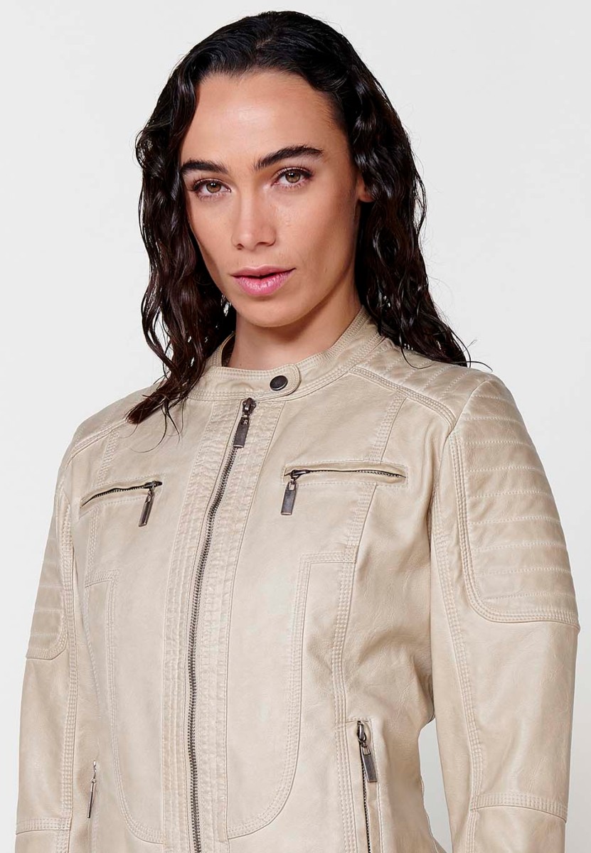 Faux Leather Jacket with Front Zip Closure and Round Neck in Beige for Women