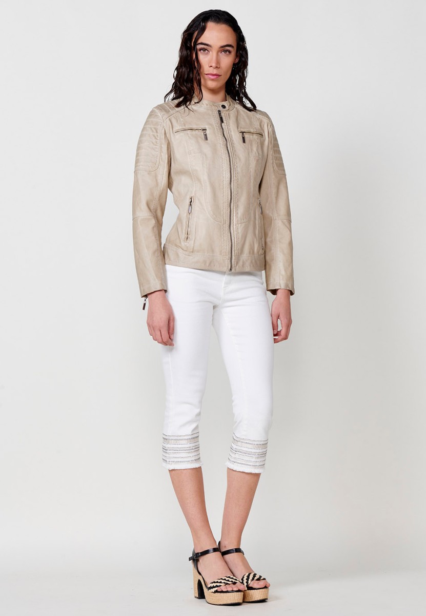 Faux Leather Jacket with Front Zip Closure and Round Neck in Beige for Women