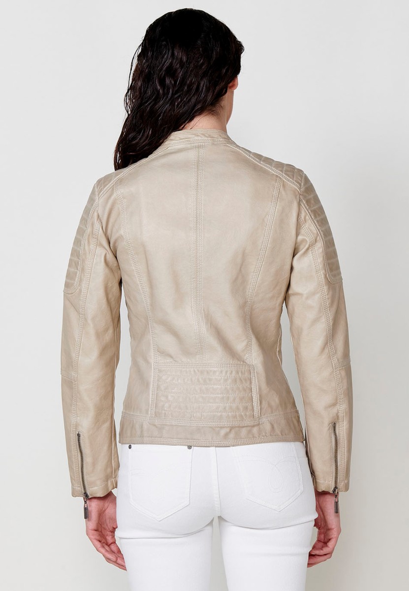 Faux Leather Jacket with Front Zip Closure and Round Neck in Beige for Women