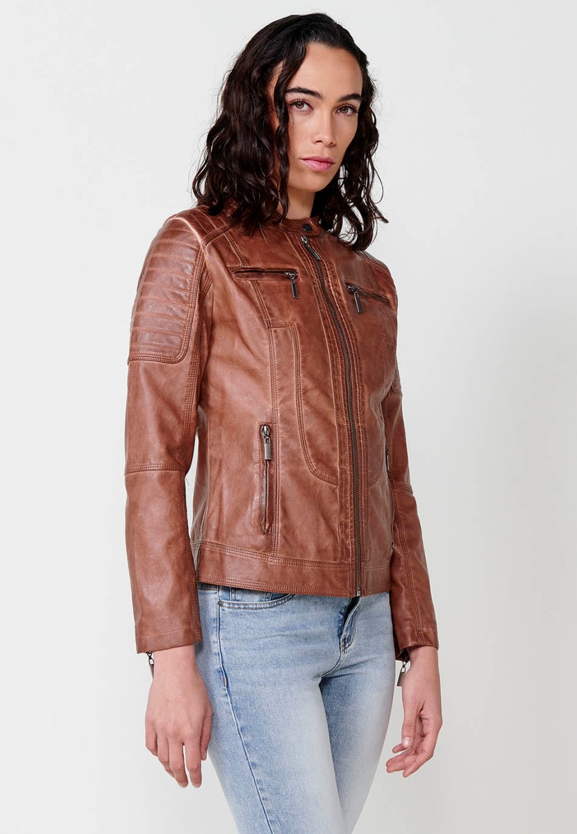 Women's Brown Faux Leather Jacket with Front Zip Closure and Round Neck