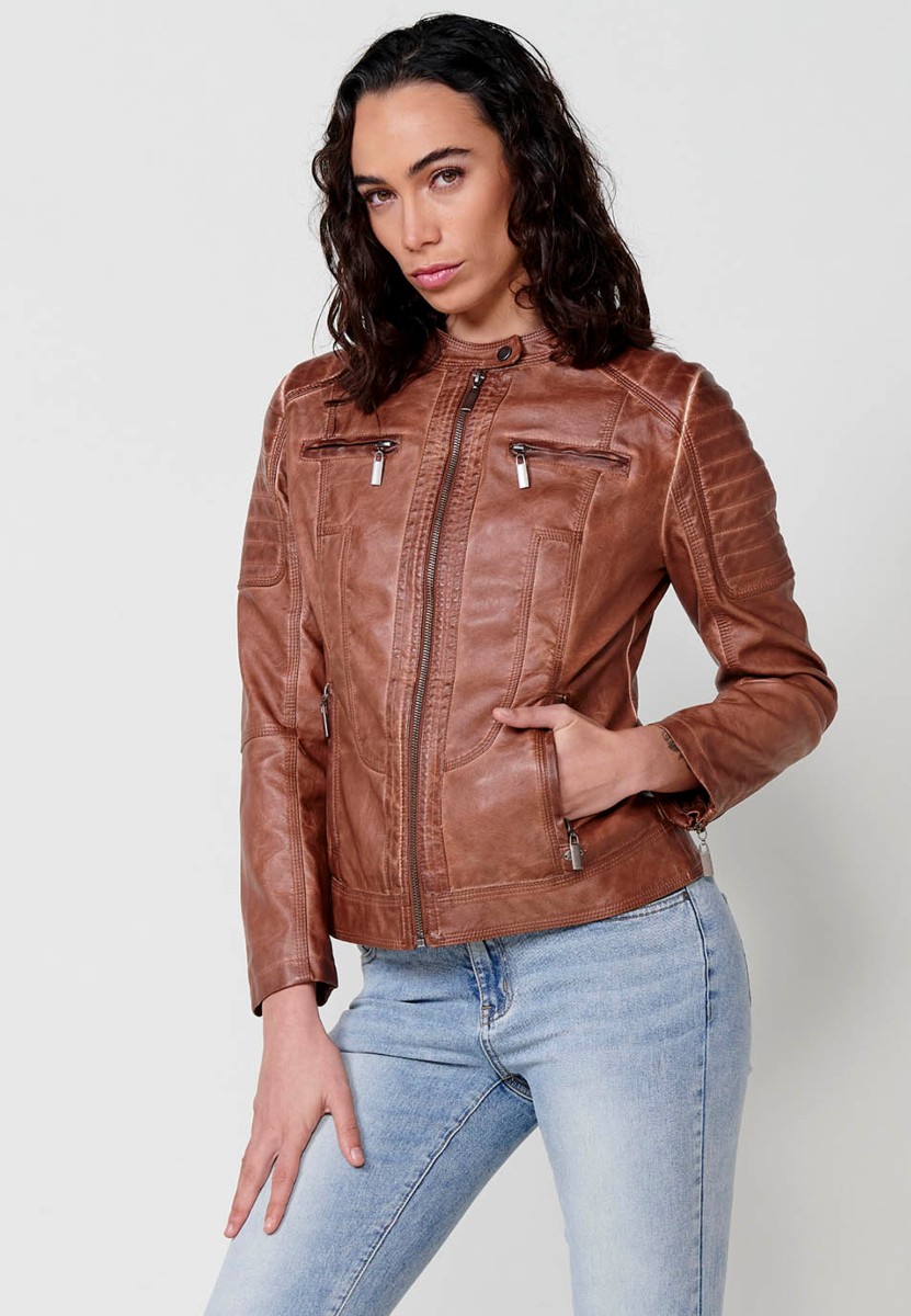 Women's Brown Faux Leather Jacket with Front Zip Closure and Round Neck