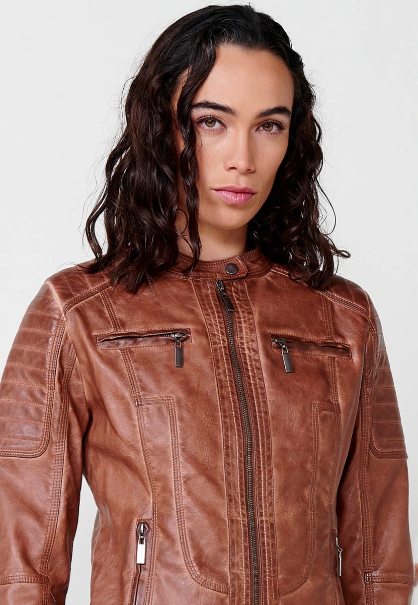 Women's Brown Faux Leather Jacket with Front Zip Closure and Round Neck