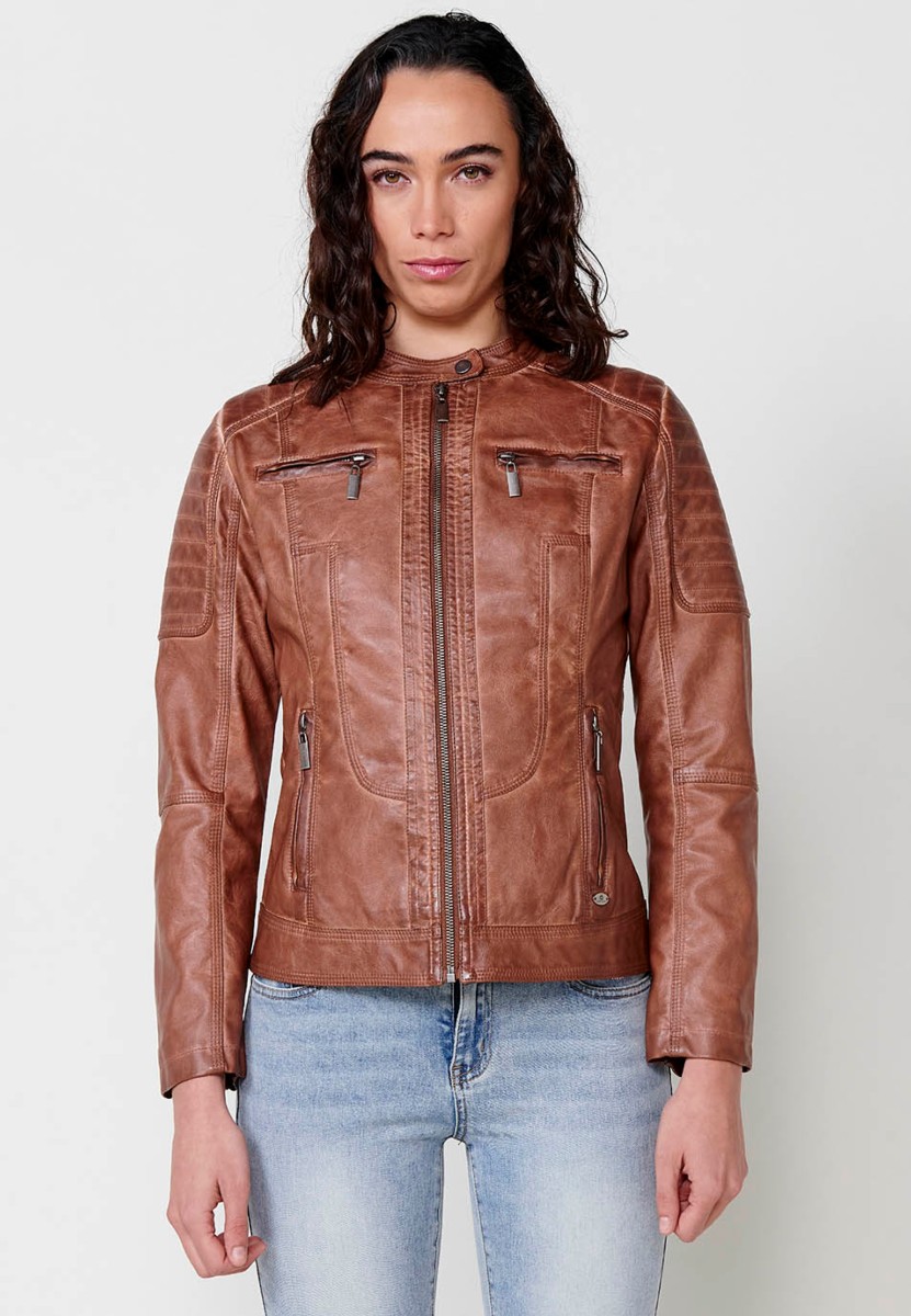 Women's Brown Faux Leather Jacket with Front Zip Closure and Round Neck