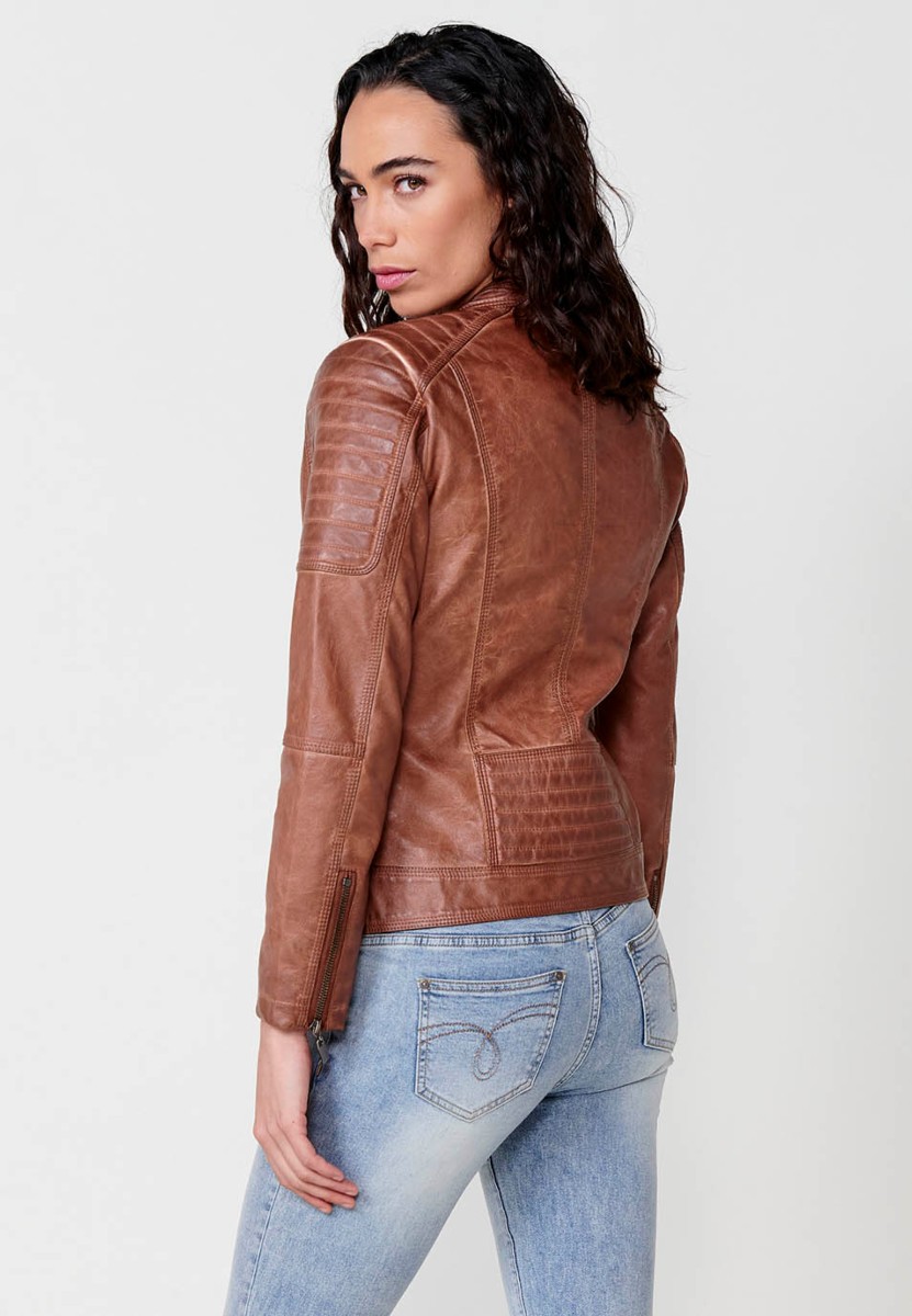 Women's Brown Faux Leather Jacket with Front Zip Closure and Round Neck