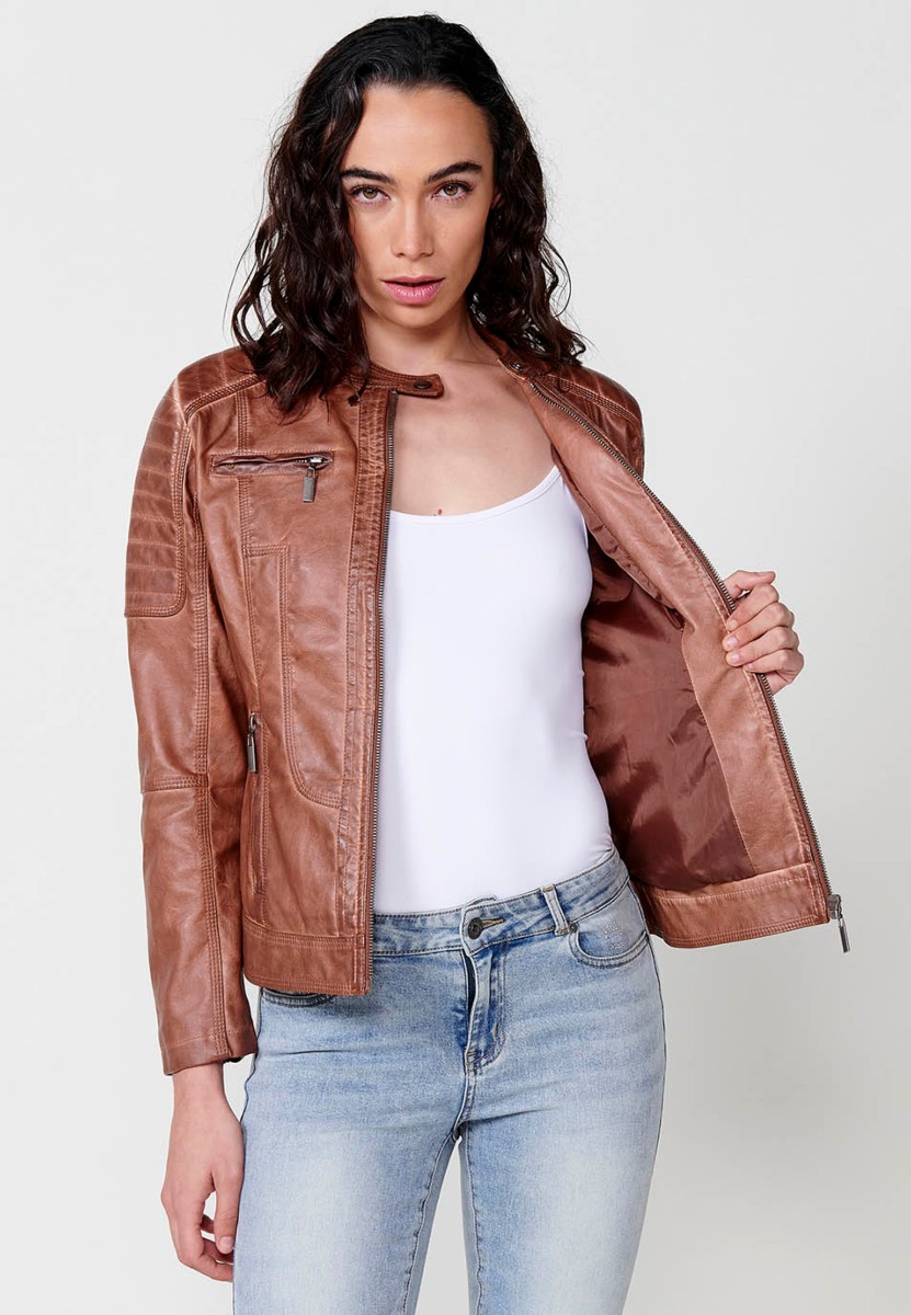 Women's Brown Faux Leather Jacket with Front Zip Closure and Round Neck