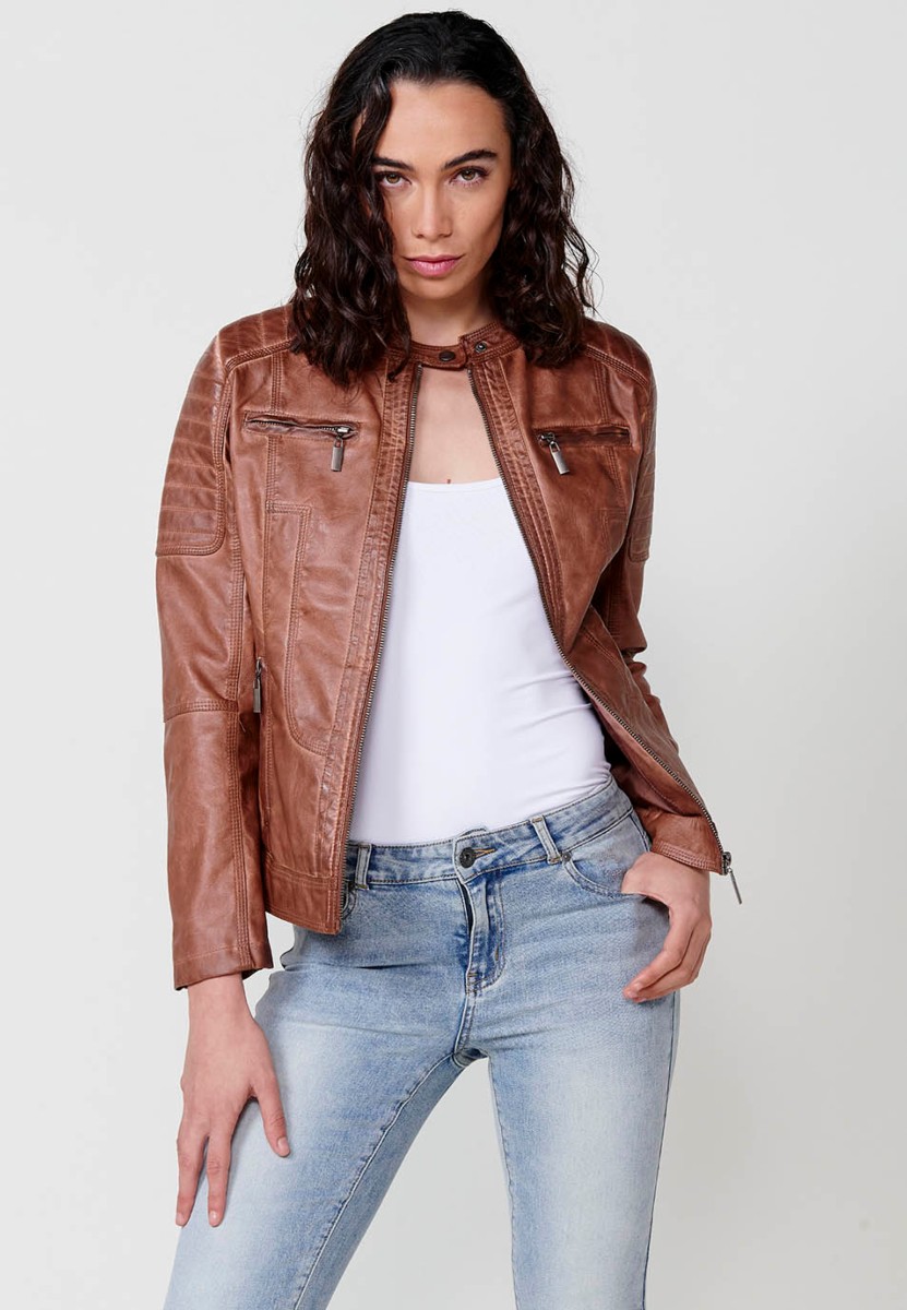 Women's Brown Faux Leather Jacket with Front Zip Closure and Round Neck