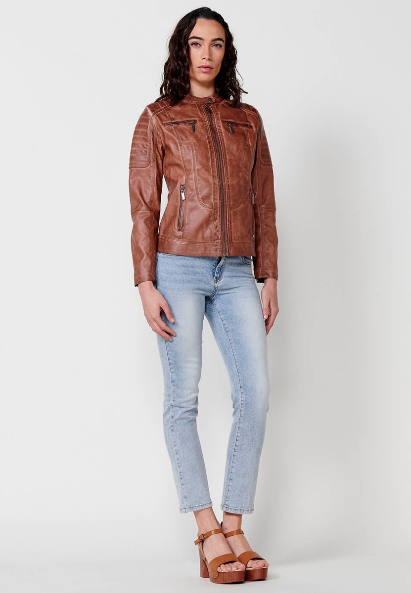 Women's Brown Faux Leather Jacket with Front Zip Closure and Round Neck