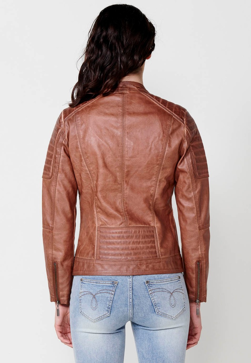 Women's Brown Faux Leather Jacket with Front Zip Closure and Round Neck