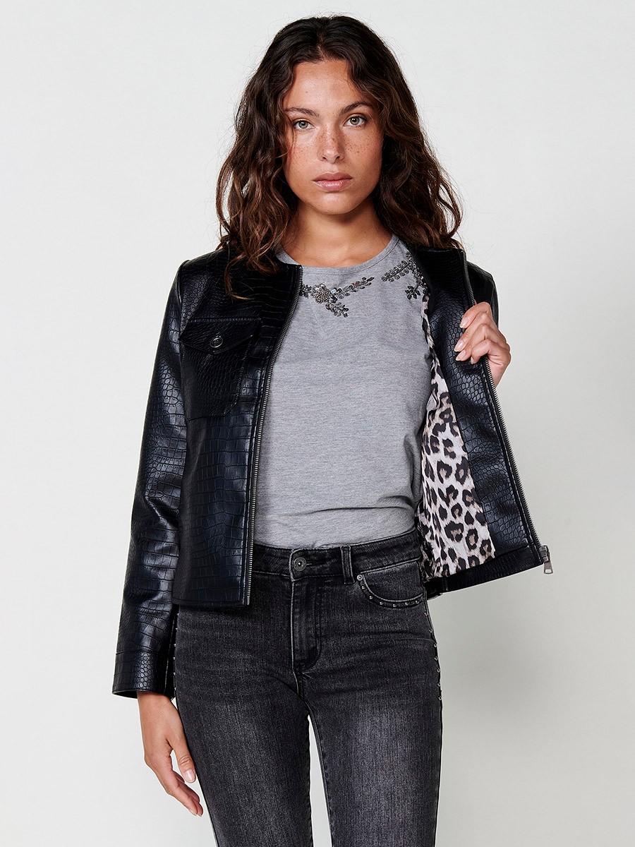 Long sleeve faux leather jacket with round neckline and patch pocket detail, light inner lining with animal print in Black for Women 9