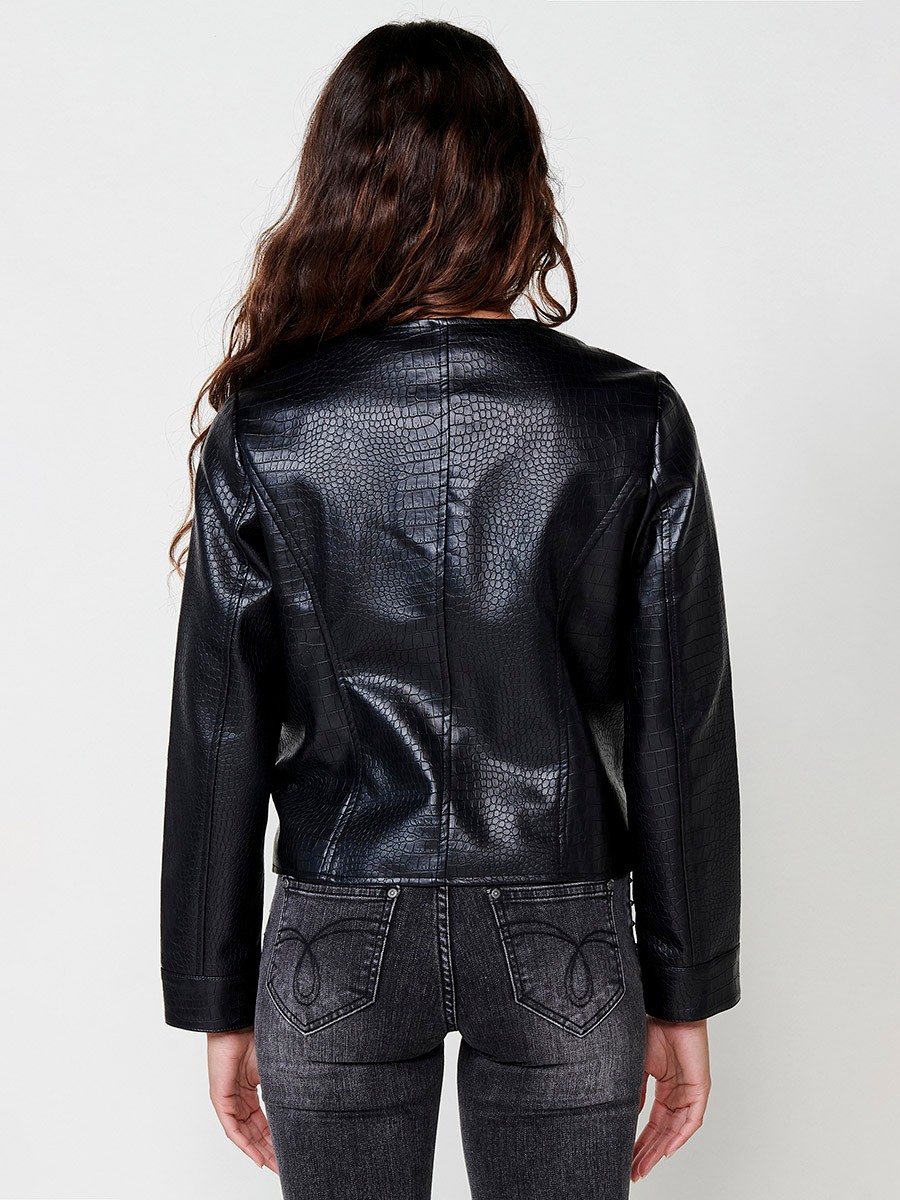 Long sleeve faux leather jacket with round neckline and patch pocket detail, light inner lining with animal print in Black for Women 7