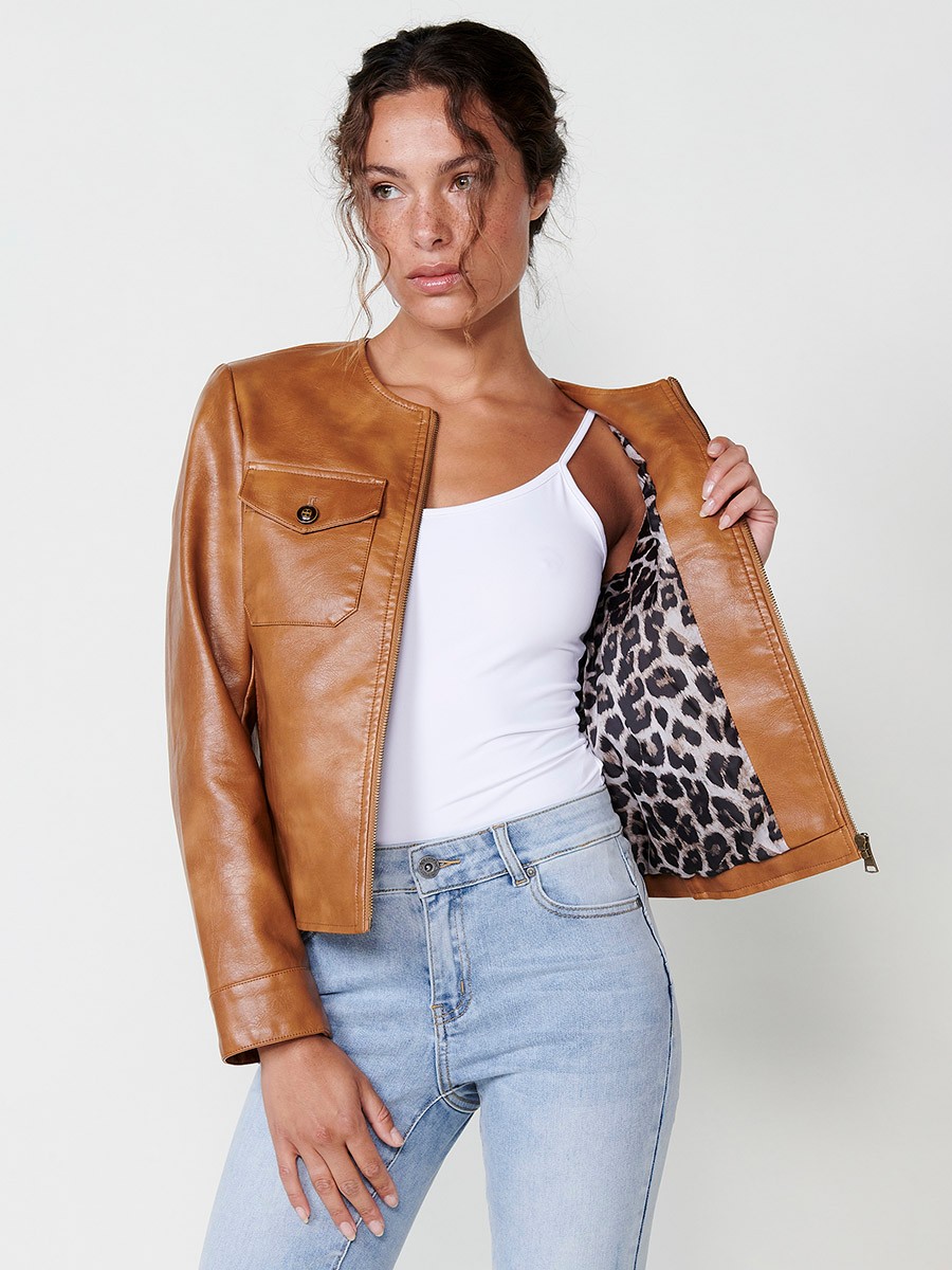 Long sleeve faux leather jacket with round neckline and patch pocket detail, light inner lining with animal print in Brown for Women