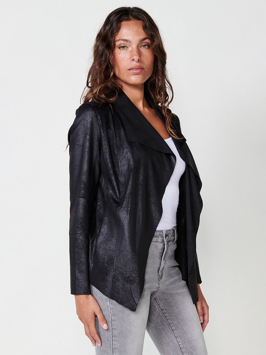 Open-faced distressed leather effect jacket, fitted with long sleeves and seam pockets with a metal plate with Koröshi logo in Black for Women 8