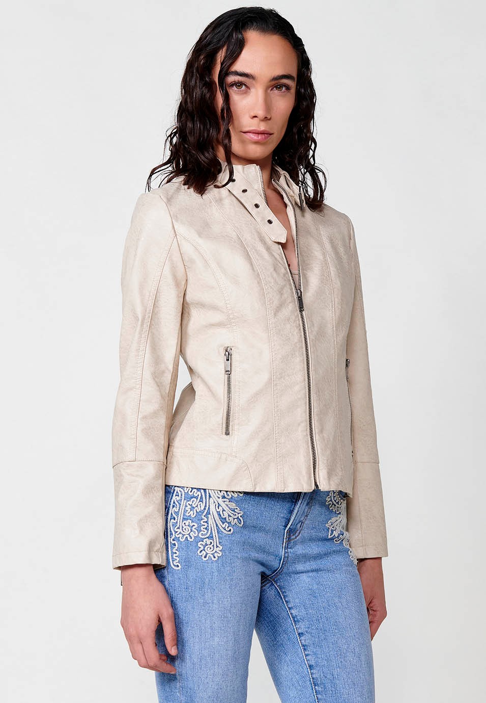 Women's beige faux leather round neck jacket with front zip closure