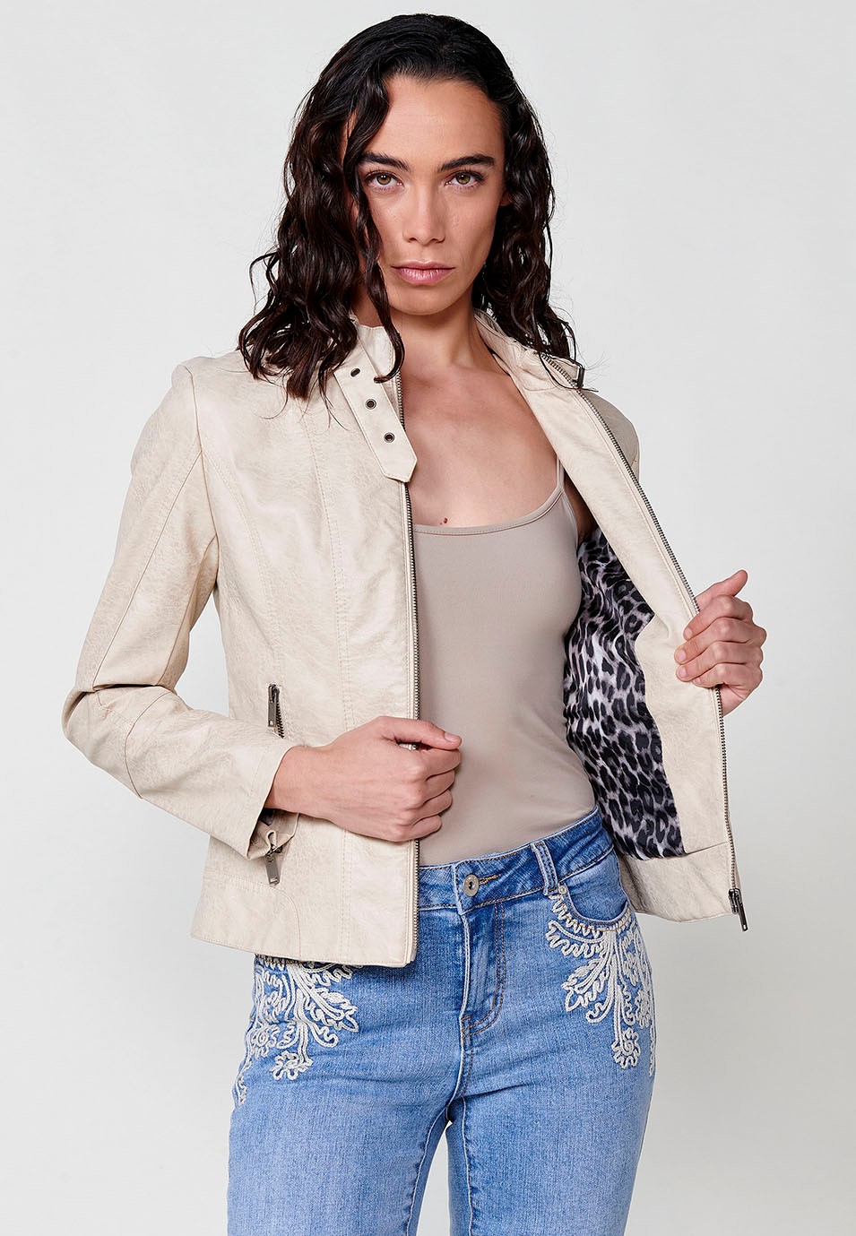 Women's beige faux leather round neck jacket with front zip closure 2