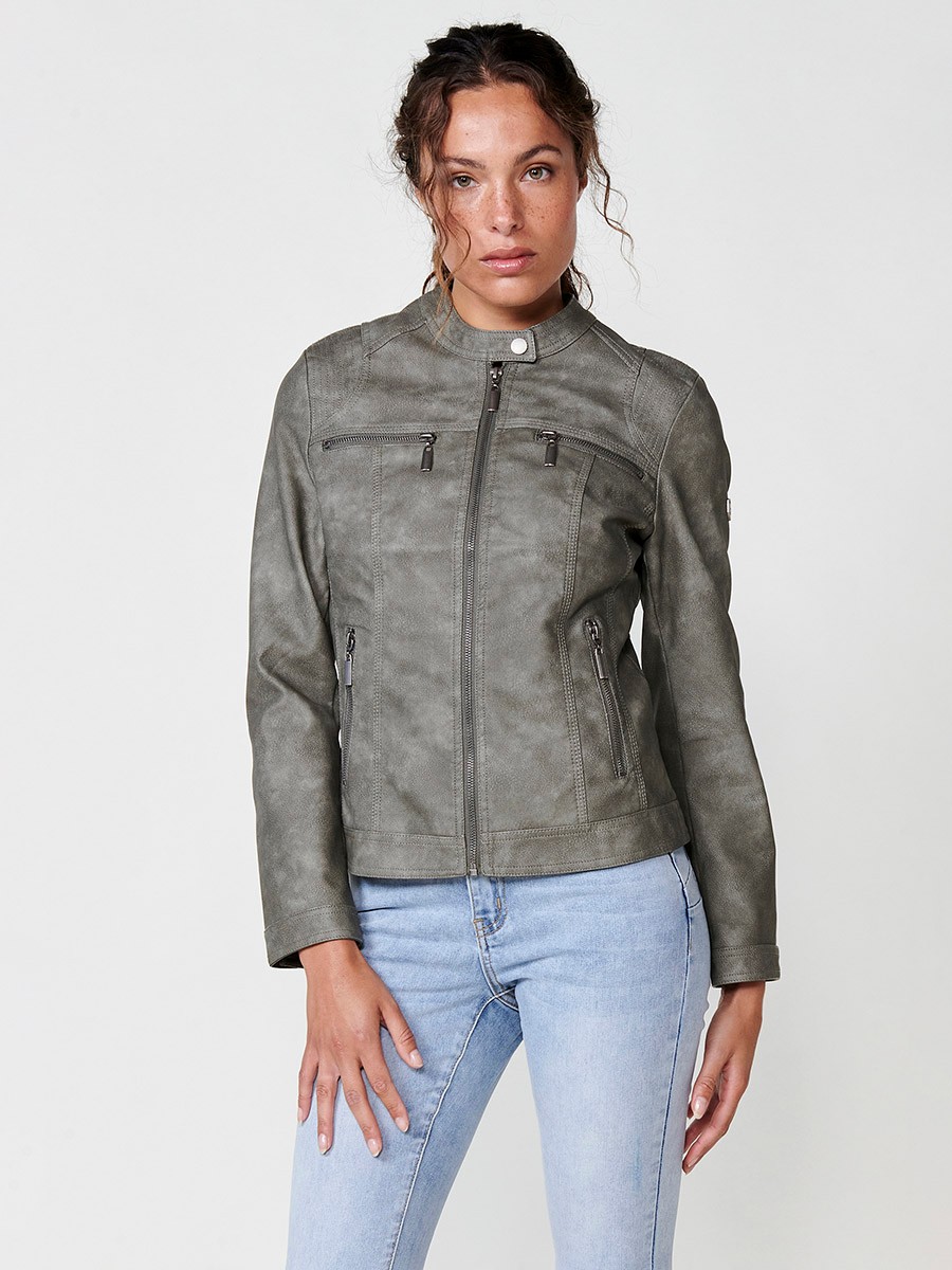 Women's Slim Fit Washed Leather Effect Biker Jacket with Long Sleeves, Mao Collar and Snap Button Closure with Light Lining Inside and Metal Plate with Koröshi Logo in Grey