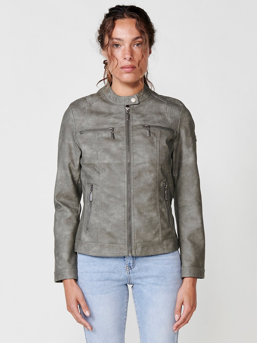 Women's Slim Fit Washed Leather Effect Biker Jacket with Long Sleeves, Mao Collar and Snap Button Closure with Light Lining Inside and Metal Plate with Koröshi Logo in Grey 1