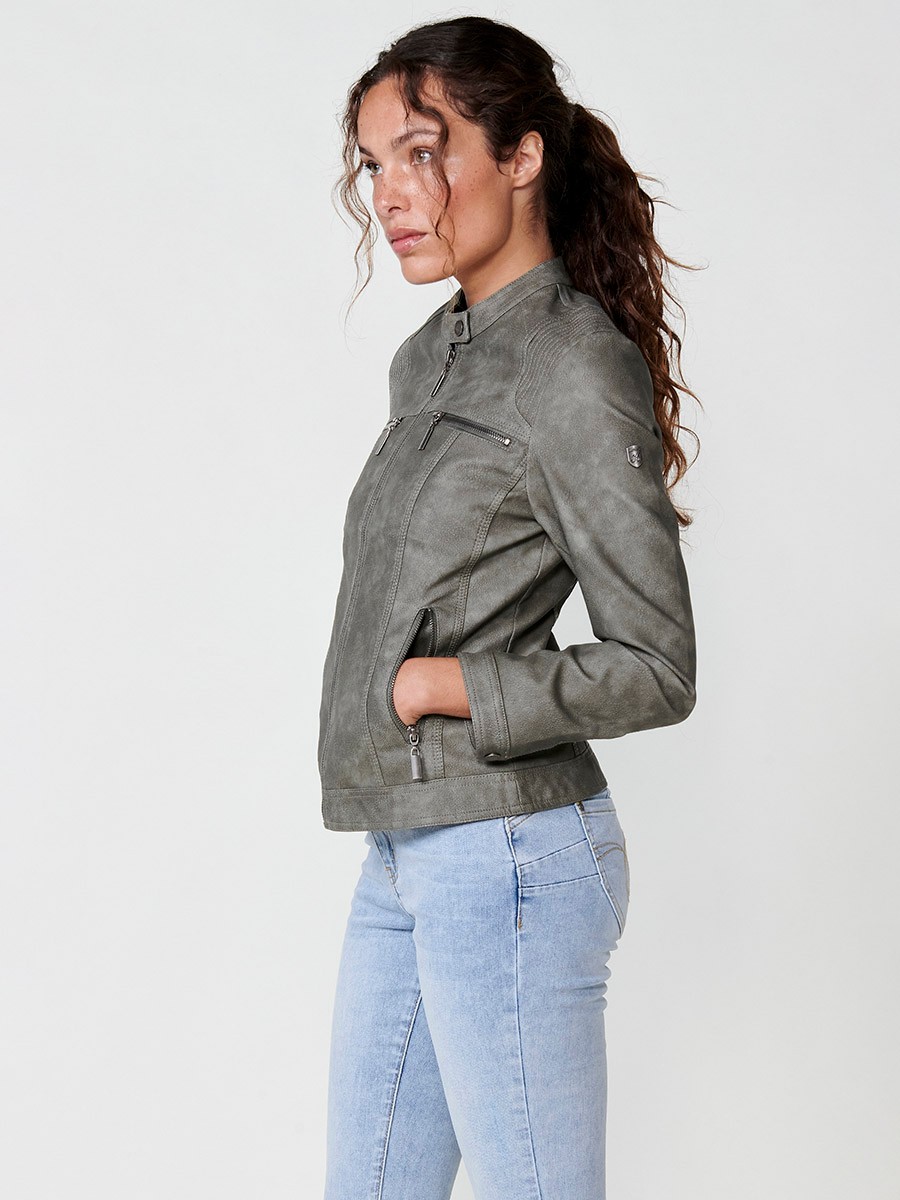 Women's Slim Fit Washed Leather Effect Biker Jacket with Long Sleeves, Mao Collar and Snap Button Closure with Light Lining Inside and Metal Plate with Koröshi Logo in Grey 4