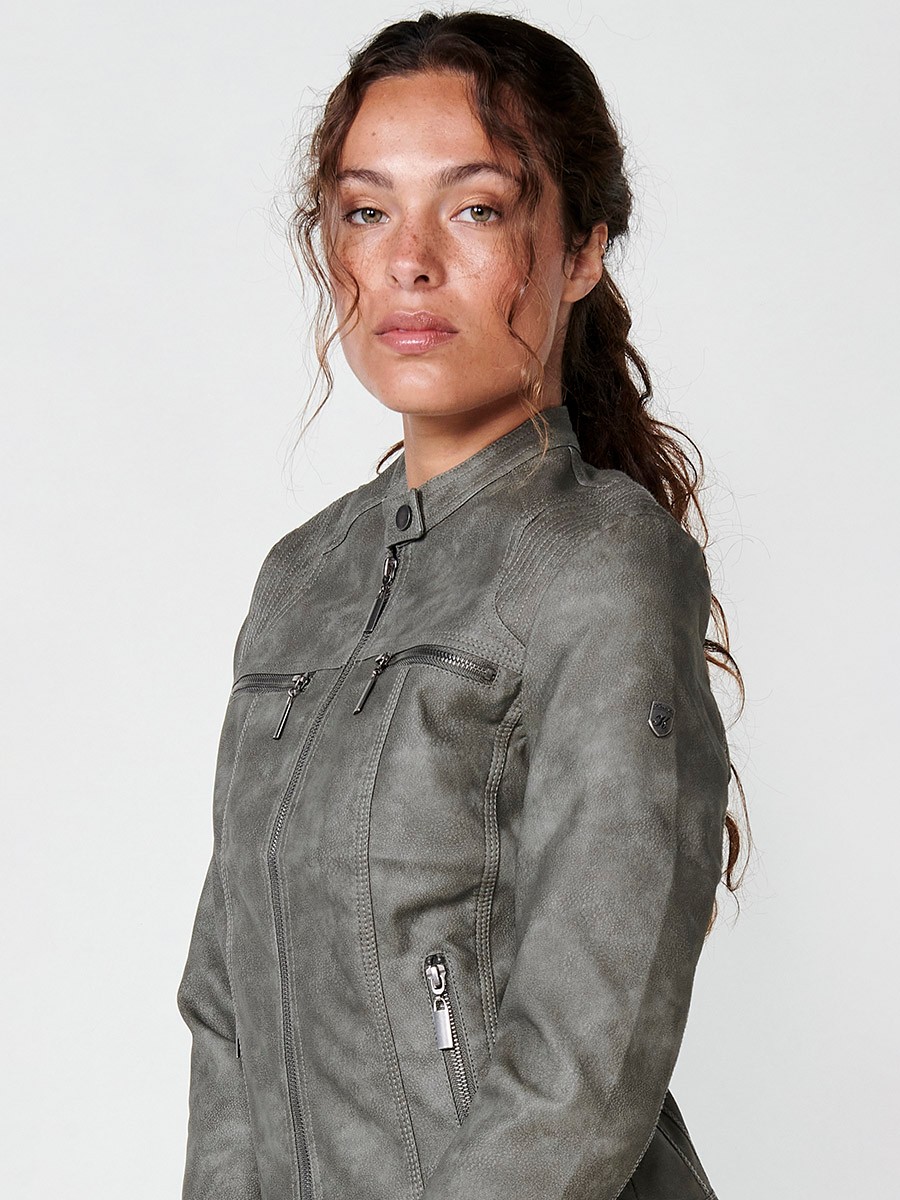 Women's Slim Fit Washed Leather Effect Biker Jacket with Long Sleeves, Mao Collar and Snap Button Closure with Light Lining Inside and Metal Plate with Koröshi Logo in Grey 2