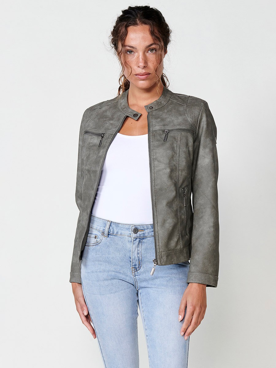 Women's Slim Fit Washed Leather Effect Biker Jacket with Long Sleeves, Mao Collar and Snap Button Closure with Light Lining Inside and Metal Plate with Koröshi Logo in Grey 3