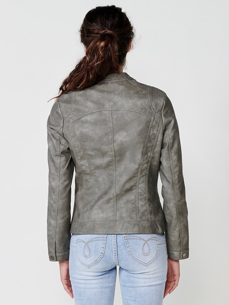 Women's Slim Fit Washed Leather Effect Biker Jacket with Long Sleeves, Mao Collar and Snap Button Closure with Light Lining Inside and Metal Plate with Koröshi Logo in Grey 8