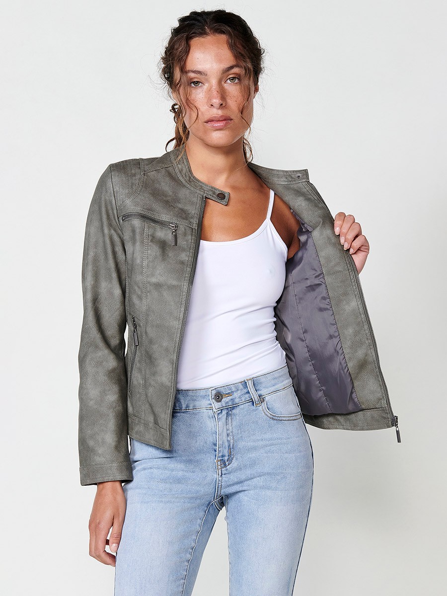 Women's Slim Fit Washed Leather Effect Biker Jacket with Long Sleeves, Mao Collar and Snap Button Closure with Light Lining Inside and Metal Plate with Koröshi Logo in Grey 6