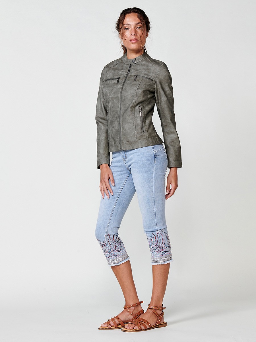 Women's Slim Fit Washed Leather Effect Biker Jacket with Long Sleeves, Mao Collar and Snap Button Closure with Light Lining Inside and Metal Plate with Koröshi Logo in Grey 7