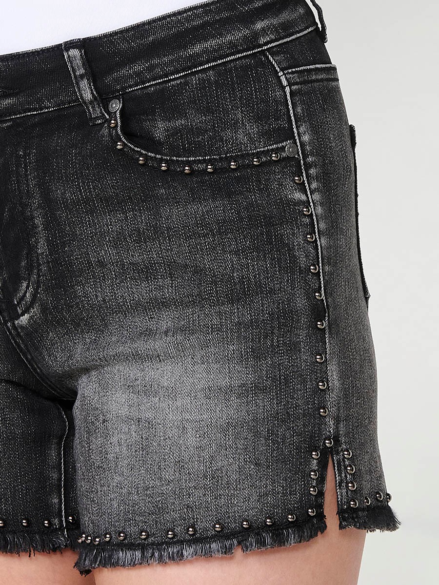 Short Texà Elàstic amb Tacs, Baix Esfilagarsat i Obertura Lateral en Denim Negre 6