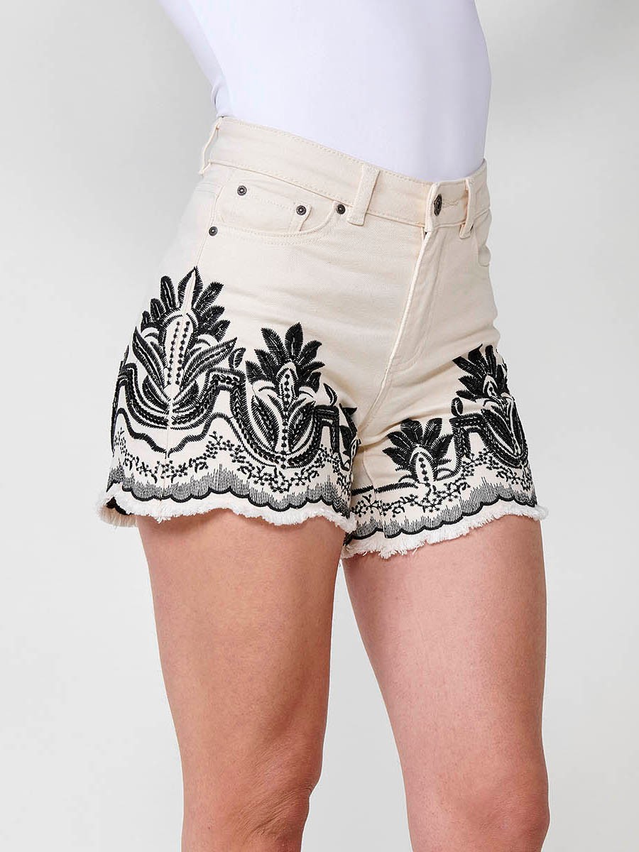 Jeans color short elástico con Tiro medio y cinco bolsillos con Cierre con cremallera y botón metálico con Bordado con motivos florales en cintura y bajo con brillos color Crudo para Mujer 7