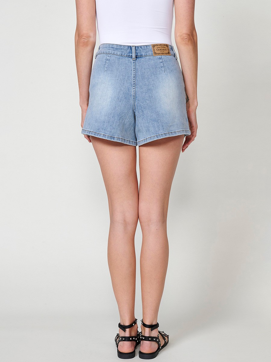 Damen-Elastischer Jeansrock-Shorts mit Mittelhohem Bund und Ziernähten in Blau 3