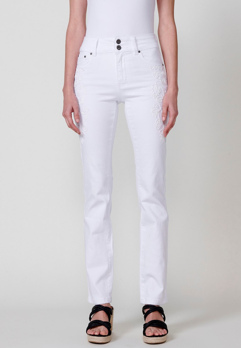 Pantalón largo denim recto con Detalle delantero color Blanco para Mujer